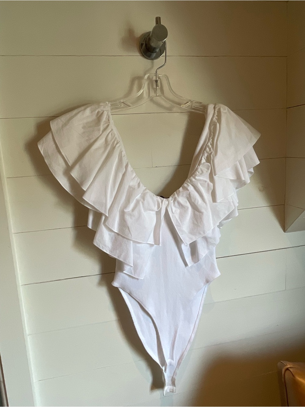 Zara White Layered Ruffle Deep V Bodysuit